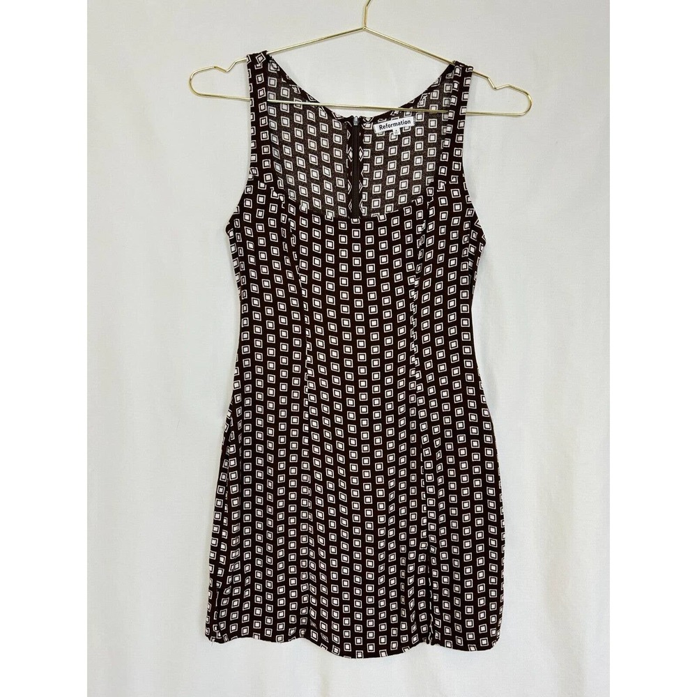 Reformation Noha Dress Womens 4 Palladio Geo Print Viscose Square Neck Side Slit